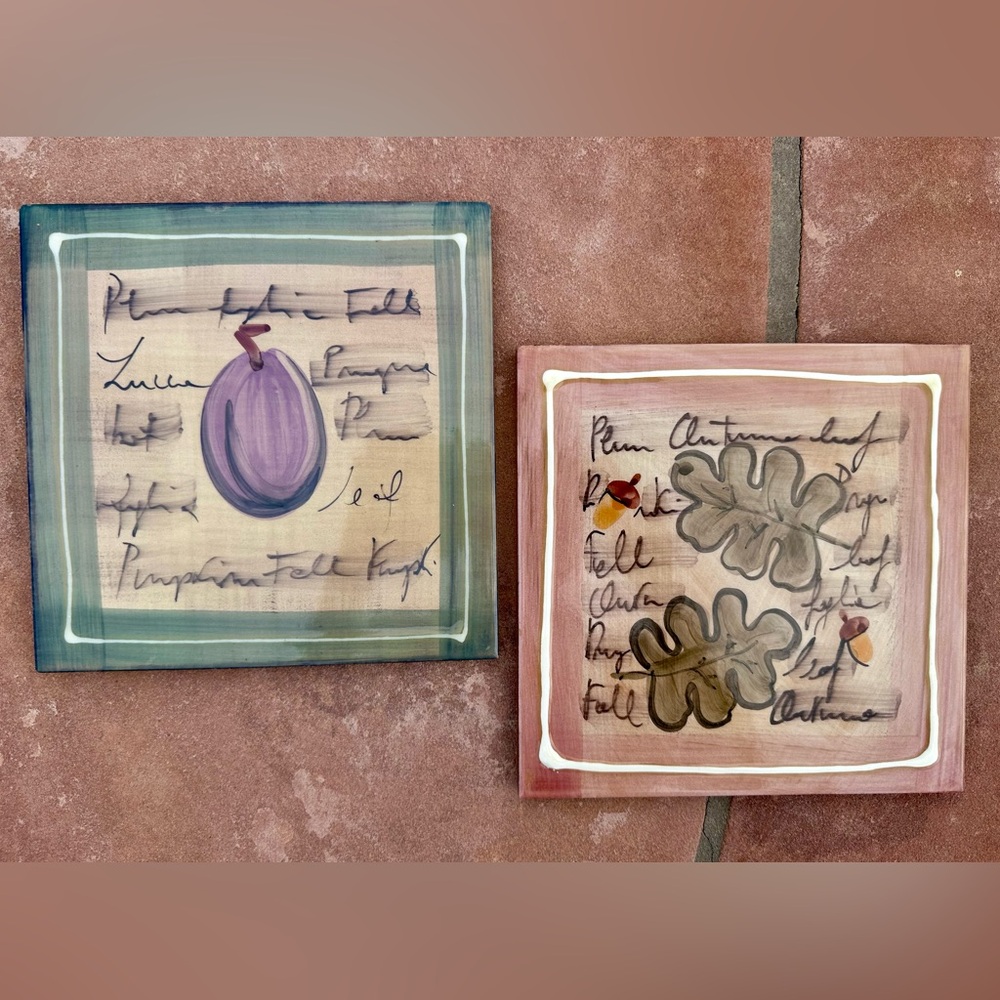 Crate & Barrel Set (2) Tile Trivets Hand Painted Made in Italy EUC Leaves Plum